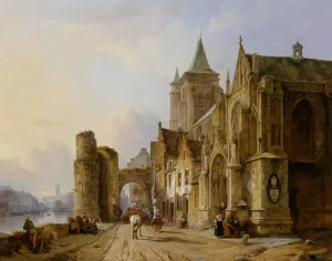 Figures in the Streets of a Riverside Town painting by Francois Antoine Bossuet