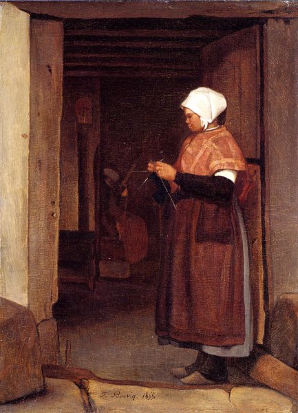 Peasant Knitting by Francois Bonvin - Hand-Painted Oil Painting Reproduction