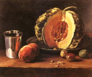 Still life with a Pumpkin, Peaches and a Silver Goblet on a Table Top
