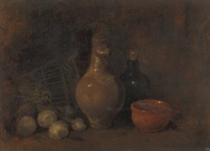 Stilleven met vier vruchten, glas en aardewerk by Francois Bonvin Oil Painting