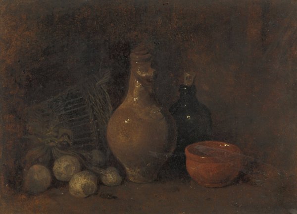 Stilleven met vier vruchten, glas en aardewerk  by Francois Bonvin - Hand-Painted Oil Painting Reproduction