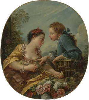 A Young Woman And Youth Placing Young Birds In A Cage; 'the Bird Nesters' by Francois Boucher Oil Painting