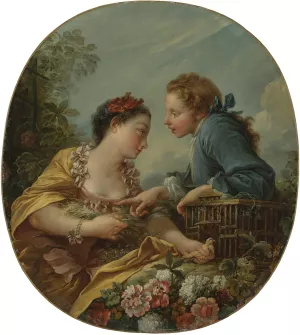 A Young Woman And Youth Placing Young Birds In A Cage; 'the Bird Nesters' by Francois Boucher Oil Painting