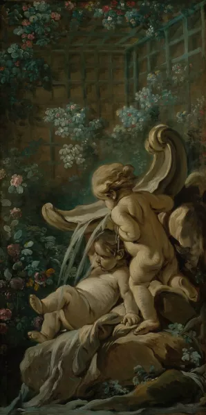 Fontaine avec deux amours dont l'un est couche by Francois Boucher Oil Painting