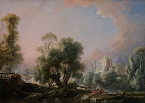Idyllic Landscape with Woman Fishing by Francois Boucher Oil Painting