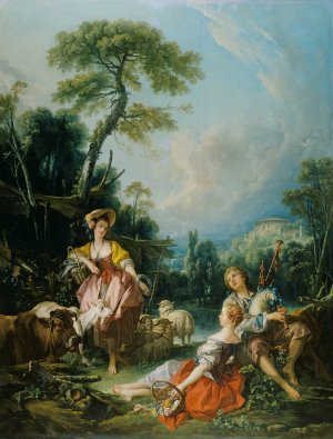 Pastoral with a Bagpipe Player by Francois Boucher Oil Painting