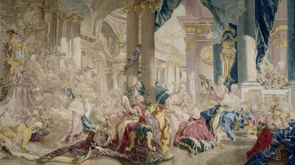 Main Product Photo of Psyche conduite par Zephyr dans le palais de l'Amour. Psyche montrant ses richesses a ses soeurs  Painting by Francois Boucher
