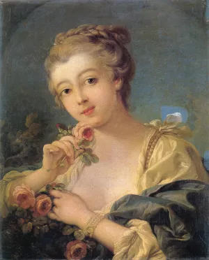 Young Woman with a Bouquet of Roses by Francois Boucher Oil Painting