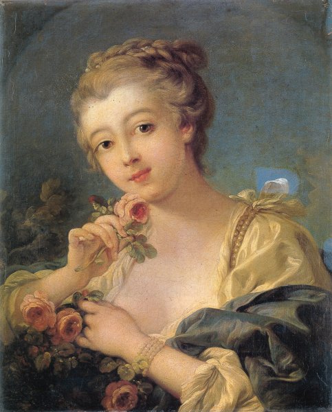 Young Woman with a Bouquet of Roses by Francois Boucher - Hand-Painted Oil Painting Reproduction
