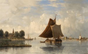 Dutch river landscape with sailing boats by Francois Carlebur Of Dordrecht Oil Painting