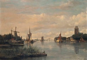 Vessels on the Oude Maas before the Grote kerk, Dordrecht by Francois Carlebur Oil Painting