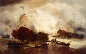 Midst A Naval Battle, The Dutch Fighting The Danes And The Swedes by Francois Etienne Musin Oil Painting
