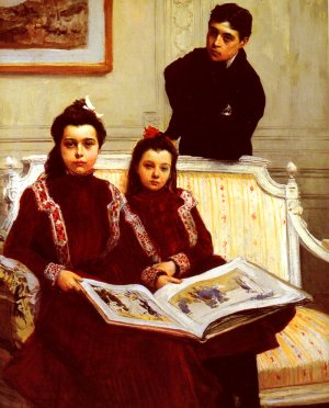 Family Portrait of a Boy and His Two Sisters Admiring a Sketch Book