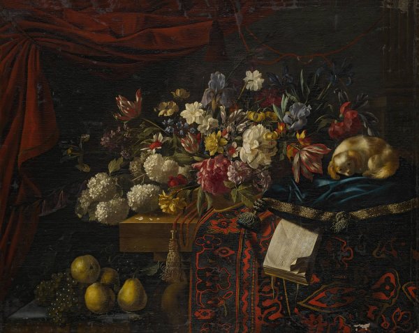 Main Product Photo of A still life of flowers set on a table with a carpet, a music book and a dog seated on a pillow  Painting by Francois Habert
