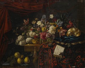 A still life of flowers set on a table with a carpet, a music book and a dog seated on a pillow by Francois Habert Oil Painting