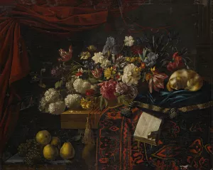 A still life of flowers set on a table with a carpet, a music book and a dog seated on a pillow Oil painting by Francois Habert