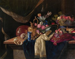 Still life with ewer, a bunch of tulips and a mandolin by Francois Habert Oil Painting