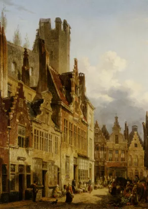 A Busy Market Scene in the Streets of Ghent by Francois-Jean-Louis Boulanger - Oil Painting Reproduction