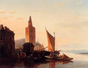 Moored Shipping By A Lighthouse painting by Francois-Jean-Louis Boulanger