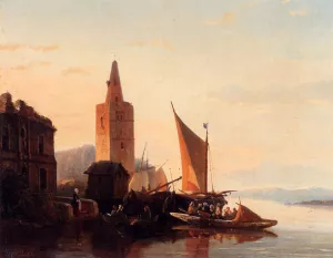 Moored Shipping By A Lighthouse by Francois-Jean-Louis Boulanger Oil Painting