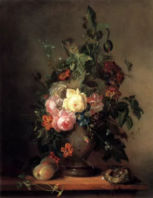 Roses, Morning Glory, Poppies and Tulips with Peaches anda Bird's Nest on a wooden Ledge painting by Francois-Joseph Huygens
