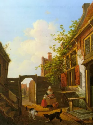 A Sunlit Courtyard with Mother and Child Peeling Vegetables