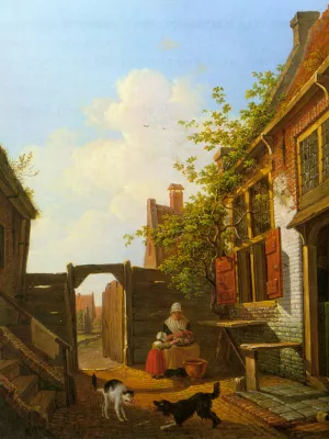 A Sunlit Courtyard with Mother and Child Peeling Vegetables Oil painting by Francois Joseph Jr. Pfeiffer