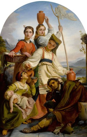 Jeunes filles a la fontaine donnant a boire a des voyageurs, costumes des environs de fundi Oil painting by Francois-Joseph Navez