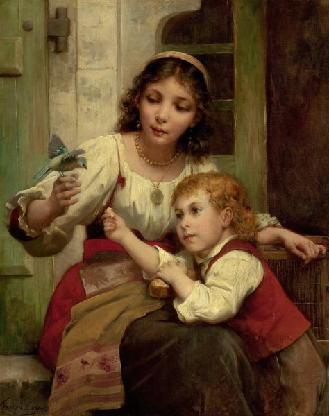 Child and Mother with Bird by Francois Lafon - Hand-Painted Oil Painting Reproduction