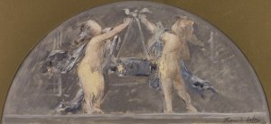 Deux enfants levant ensemble une grande boite by Francois Lafon Oil Painting