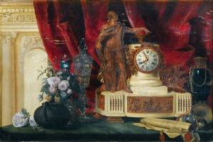 Still Life With A Gilt Bronze Mantle Clock And Sevres Porcelain Vase by Francois-Leonard Dupont Oil Painting