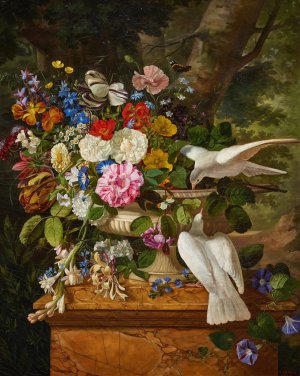 Flowers in a Vase with Two Doves by Francois Lepage Oil Painting