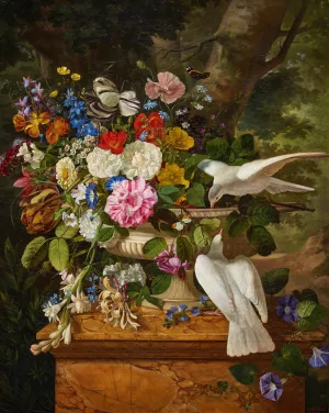 Flowers in a Vase with Two Doves by Francois Lepage Oil Painting