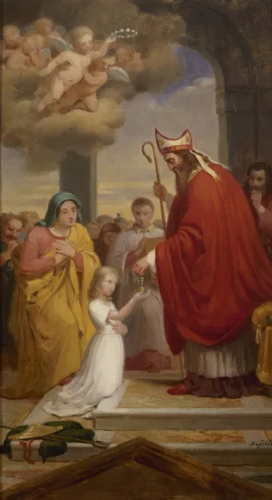 Consecration de sainte Genevieve par saint Germain, eveque d'Auxerre by Francois-Louis Dejuinne Oil Painting
