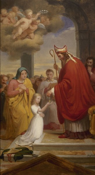 Consecration de sainte Genevieve par saint Germain, eveque d'Auxerre  by Francois-Louis Dejuinne - Hand-Painted Oil Painting Reproduction