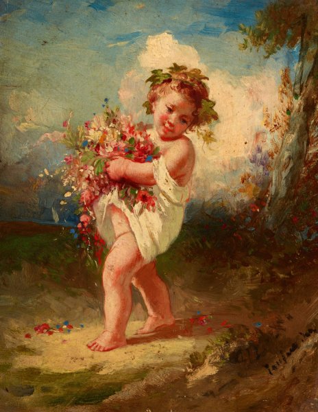 Child Carrying Flowers  by Francois-Louis Lanfant De Metz - Hand-Painted Oil Painting Reproduction