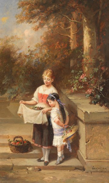 Coming home from the garden by Francois-Louis Lanfant De Metz - Hand-Painted Oil Painting Reproduction