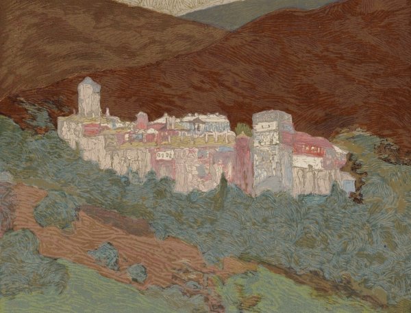 Athos; le Monastere de Valopedie  by Francois-Louis Schmied - Hand-Painted Oil Painting Reproduction