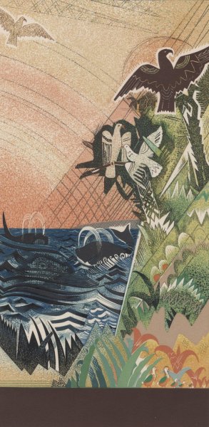 Illustration of ocean and land scene with birds and whales by Francois-Louis Schmied Oil Painting