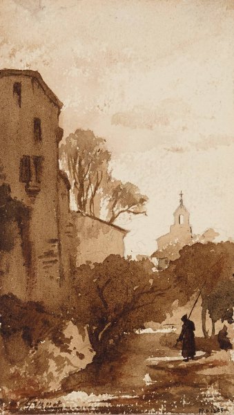 Main Product Photo of Paysage avec un clocher Painting by Francois-Marius Granet