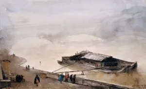 Quay of the Seine with Barge, Fog Effect painting by Francois-Marius Granet