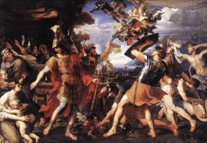 Aeneas and His Companions Fighting the Harpies painting by Francois Perrier