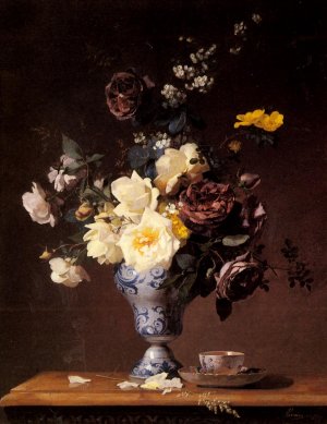 Roses and Other Flowers in a Blue and White Vase and a Teacup on a Ledg