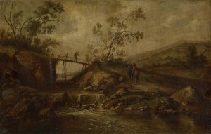 Landscape with a Cascade, Bridge and Staffage Figures by Francois Van Knibbergen Oil Painting