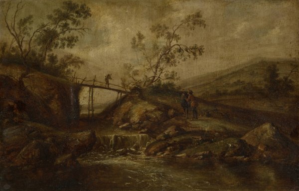 Landscape with a Cascade, Bridge and Staffage Figures by Francois Van Knibbergen - Hand-Painted Oil Painting Reproduction