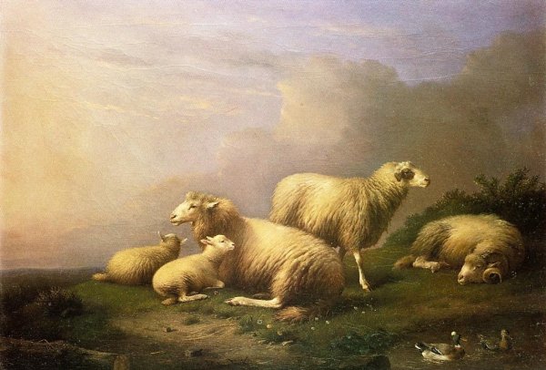 Main Product Photo of A Flock of Sheep Resting by a Pond Painting by Francois Van Severdonck