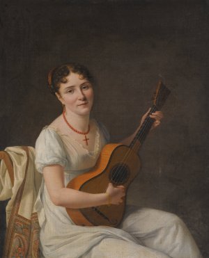 Portrait Of A Lady, Seated In An Interior, wearing a White Dress And Playing The Guitar by Francois-Xavier Fabre Oil Painting