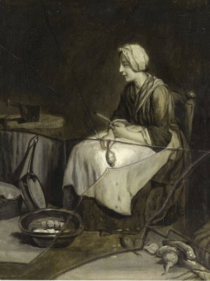 A scullery maid peeling potatoes, with trompe l'Oil broken glass by Francois-Xavier Vispre Oil Painting