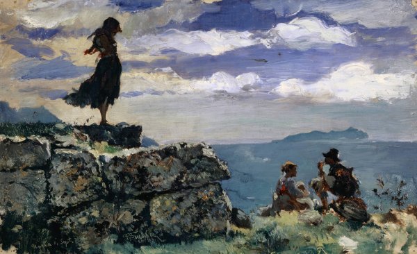 Girl on Ashlars of the Antique City Walls of Norba  by Frank Buchser - Hand-Painted Oil Painting Reproduction