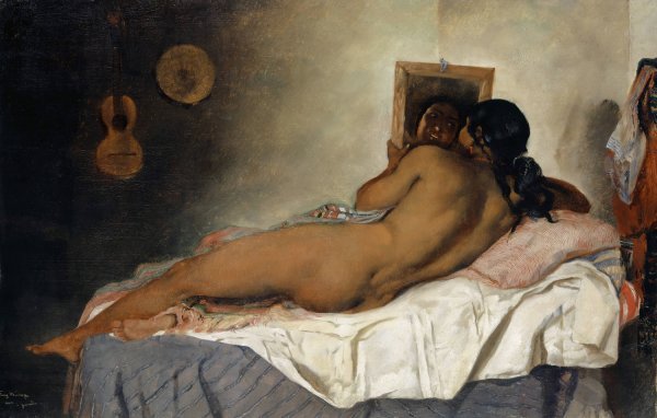 Naked Spanish Gypsy Woman with Mirror  by Frank Buchser - Hand-Painted Oil Painting Reproduction